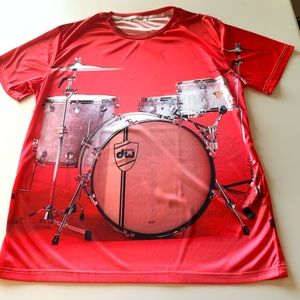 Festival Drummer Tee Shirt. Picture of Drums Front & Back Stretch Polyester. New